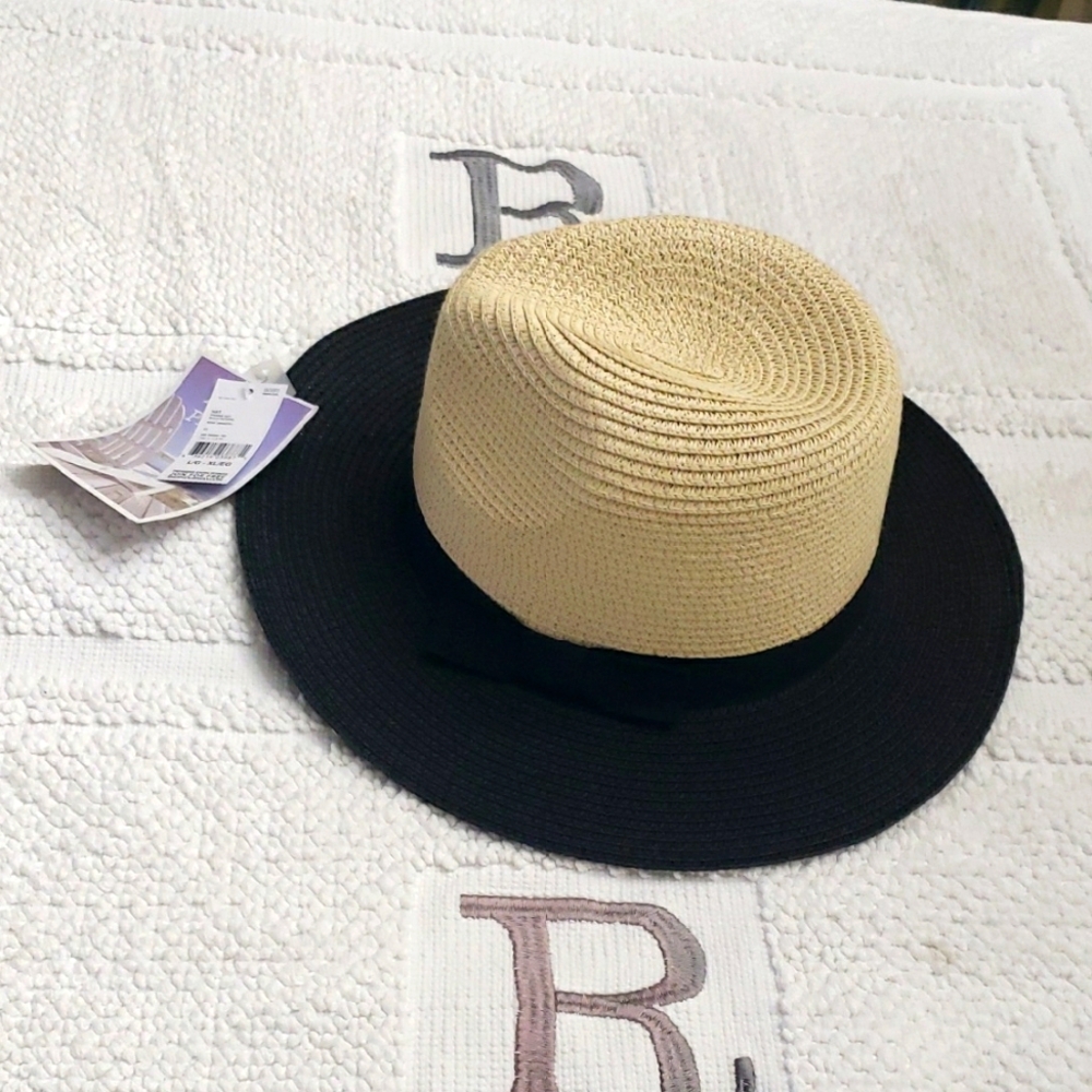 ASTOR PLACE Black and Natural Straw Look Hat with Bow Large/XLarge